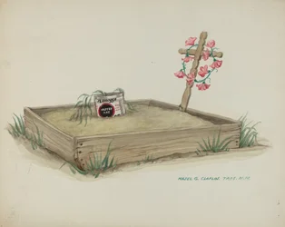 Tomba di bambino con croce di legno fatta a mano, c. 1937