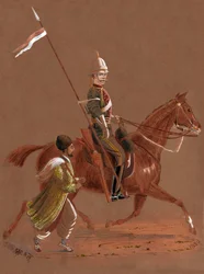 Cavaliere del 9° Lancieri a cavallo, con un soldato afgano che corre accanto al suo cavallo