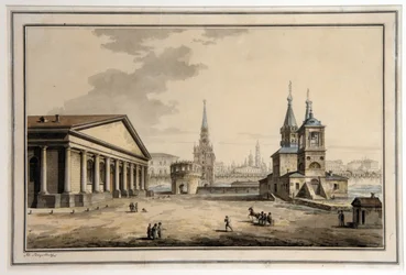 Veduta del maneggio, della torre Kutafya e della chiesa di San Nicola il Taumaturgo a Mosca (Russia)