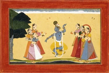 Krishna che danza davanti alle pastorelle mentre battono le mani