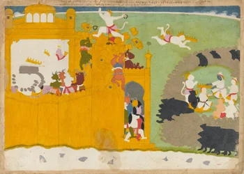 Il capo delle scimmie Angada ruba la corona di Ravana dalla sua fortezza, ca. 1725.
