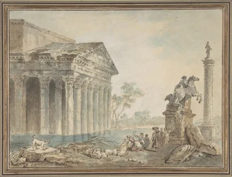 Capriccio architettonico con monumenti romani e lavandaie