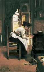 "Una donna davanti alla stufa", dipinto di Manuel Cusi