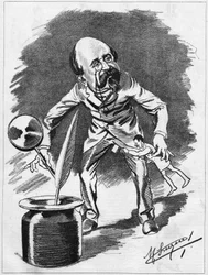 Edmond Gondinet (1828-1888) drammaturgo francese. Caricatura del caricaturista Manuel Luque. In "The Cartoon" del 1886
