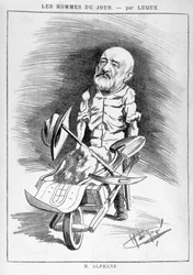 Trasformazioni di Parigi sotto il Secondo Impero, Parigi di Haussmann: Disegno umoristico che raffigura Jean Charles Adolphe Alphand (1817-1891), ingegnere. Ha partecipato alla ristrutturazione di Parigi guidata dal Barone Haussmann tra il 1852 e il 1870. 