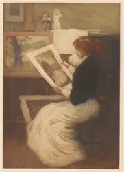 Donna che guarda una stampa