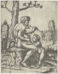 Fauno con flauto gioca con bambino
