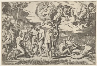 Giudizio di Paride: Paride estende la mano verso Venere, che sta tra Giunone e..., ca. 1520-50