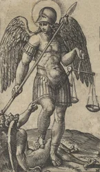 San Michele con una bilancia e una lancia, un demone sotto di lui, dalla serie «P...», ca. 1500-1527
