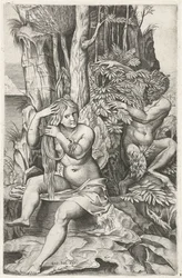 Satiro che spia una ninfa durante la sua toilette