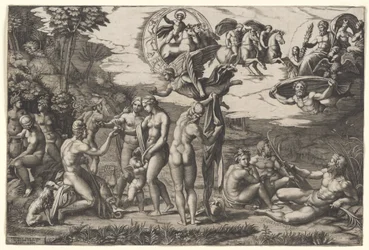 Il Giudizio di Paride: seduto a sinistra con Venere, Giunone e Pallade Atena, in alto una vittoria alata, 1510-20 circa (incisione)