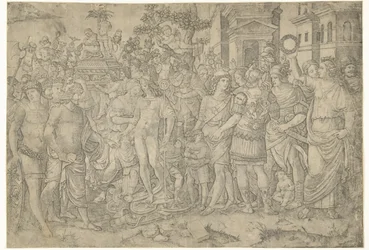Trionfo di un imperatore romano con soldati e armature catturate