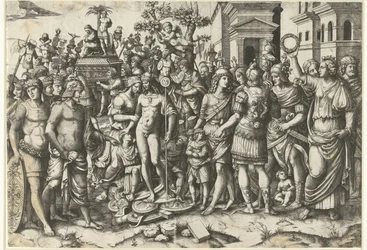 Trionfo di un imperatore romano con soldati e armature catturate