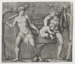 Due fauni che portano un bambino in un cesto, c. 1513-1515