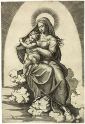 Vergine e Bambino seduti sulle nuvole
