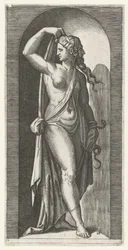 Donna come personificazione della Prudenza con serpente e maschera (Sette Virtù, titolo della serie)