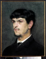 Ritratto del compositore francese Claude Debussy (1862-1918). Disegno a pietra nera e pastello di Marcel André Baschet (1862-1941) 1884