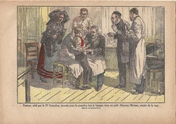 Pasteur, assistito dal Dr. Grancher, inoculò per la prima volta il famoso virus nel piccolo maestro alsaziano, infettato dalla rabbia., Le Pèlerin, 5/11/1922