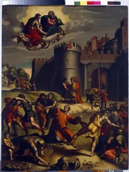 Il martirio di Santo Stefano. Primo diacono della cristianità, Stefano (martire nel 35), viene lapidato fuori dalla città di Gerusalemme e durante il suo supplizio assiste a un miracolo, Dio e Gesù Cristo appaiono