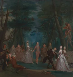 Scena in un parco, con figure della Commedia dell
