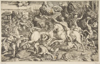 Scena di battaglia in un paesaggio con soldati a cavallo e diversi uomini caduti, un altro..., ca. 1520