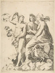 Giunone, Cerere e Psiche conversano tra le nuvole, Giunone seduta con un pavone al suo ..., ca. 1515-27