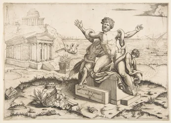 Laocoonte e i suoi due figli attaccati da serpenti su un piedistallo, un tempio a Minerva, ca. 1515-27