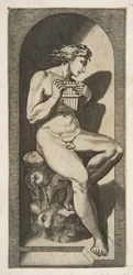 Olimpo nudo seduto su un ceppo d