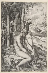 Venere che rimuove una spina dal piede sinistro mentre è seduta su un panno accanto agli alberi