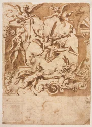 Grottesco con un satiro che nutre un drago recto, Grottesco con un centauro che salta verso, c1565-158