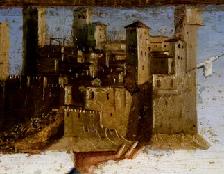 Madonna in trono e santi, dettaglio della predella di San Adriano di Marco Palmezzano (ca 1460-1539), Chiesa di San Francesco, Matelica, Marche, Italia (dettaglio)