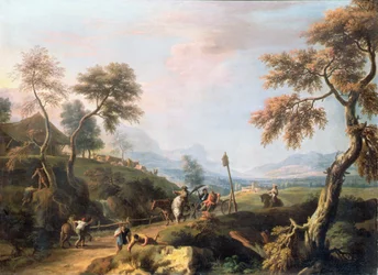 Paesaggio boscoso con gentiluomini in carrozza su una strada