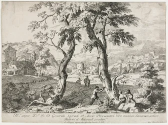 Veduta di un villaggio con figure in primo piano