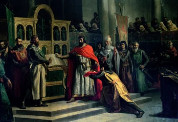 Il giuramento di Santa Gadea: El Cid Campeador (ca. 1043-99) esige un giuramento da Alfonso VI (ca. 1040-1109), re di Castiglia, che nell