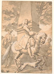 Nobile signore seguito da servitori cavalca davanti a un monumento