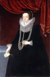 Ritratto di Margaret Belasyse, in un vestito nero, con una collana di perle e un libro nella mano destra