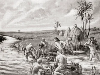 I primi coloni di Babilonia prosciugano le paludi costruendo una diga, da Hutchinson