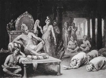 Vikramanka Chalukhya invia una lettera amichevole a Kulottunga Chola (litografia)