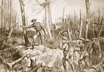 Il capitano (tenente colonnello temporaneo) R.B. Barker organizza le difese di un bosco (litografia)
