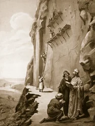 Dario che sovrintende alla sua iscrizione a Behistun, illustrazione da "Hutchinson