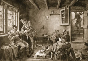 Il caporale Royall assiste i feriti in una locanda sotto tiro (litografia)