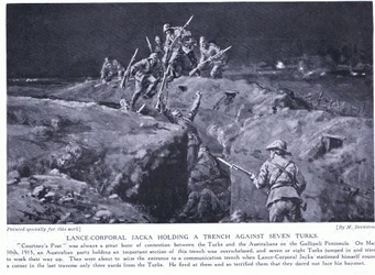 Il caporale Jacka vince un VC dimostrando che un uomo solo può batterne sette Maggio 1915 (litografia)