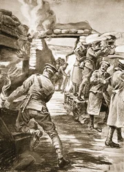 Il soldato Callf estrae una scatola di munizioni da un deposito di bombe incendiato dallo scoppio di una granata (litografia)