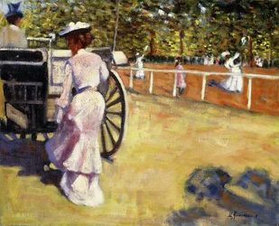 Una signora elegante che entra in una carrozza