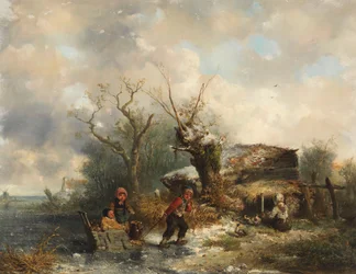 Paesaggio invernale con bambini che giocano
