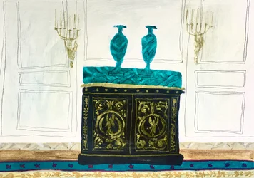 Interno con cassettiera verde, 2018 (acquerello e tempera su carta)