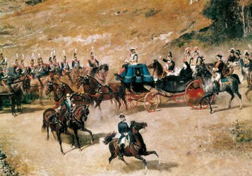 Regina Maria Cristina e sua figlia, Isabella II, che ispezionano le batterie di artiglieria che difendono Madrid nel 1837 (dettaglio)