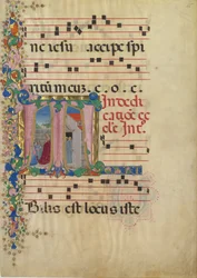 Foglio di manoscritto con la dedicazione di una chiesa in una iniziale T, da un Graduale, 2ª metà XV secolo