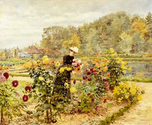 Una donna elegante in un giardino di rose