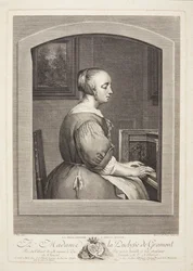 Una donna olandese suona il clavicembalo, vista attraverso una finestra